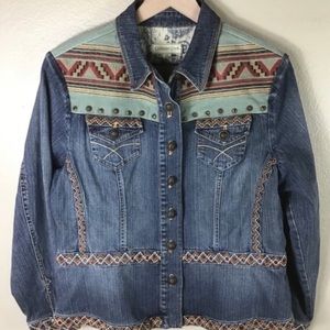 COLDWATER CREEK Women's Southwestern Denim Jean Jacket Aztec Tapestry Petite Lg
